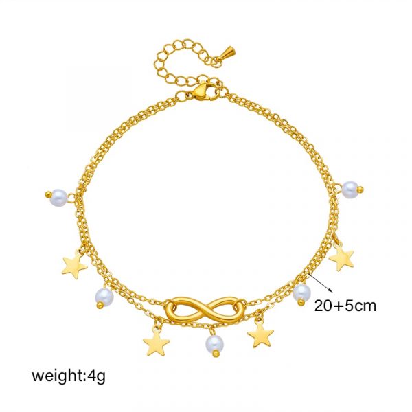 Un bracelet de cheville en acier inoxydable perle bohème avec étoiles et perles.