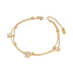 Description française: Le Bracelet de Cheville Étoile en Acier Inoxydable avec des perles blanches.
