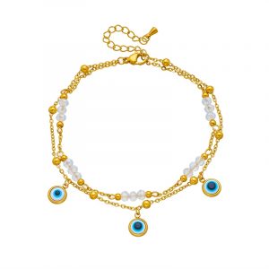 Un bracelet de cheville bijoux œil bleu avec des perles bleues et blanches.