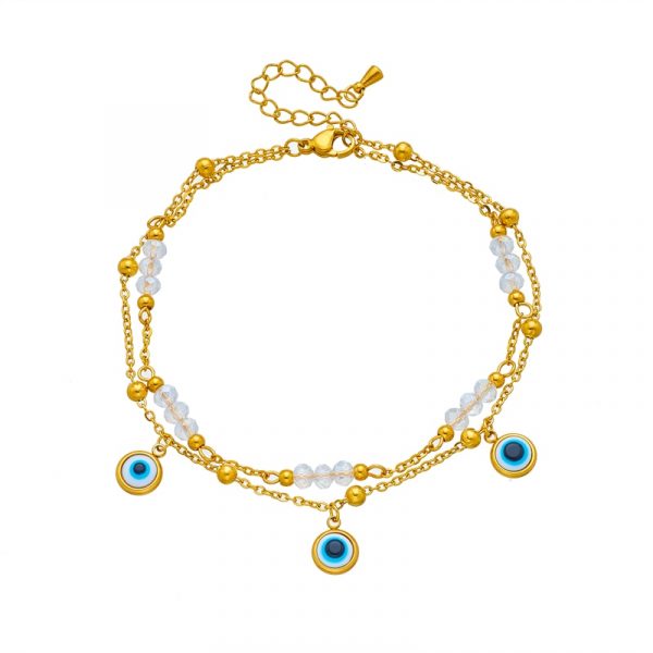 Un bracelet de cheville bijoux œil bleu avec des perles bleues et blanches.