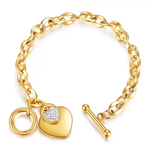 Un Bracelet acier inoxydable femme cœur chaine maillon avec une breloque coeur en acier jaune.