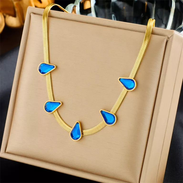 collier acier inoxydable goute d'eau bleue