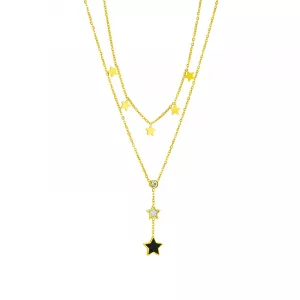 Un collier en acier inoxydable doré avec une étoile et des diamants noirs.