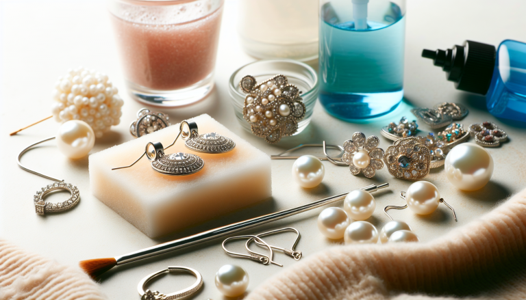 Une collection de bijoux, comprenant des boucles d'oreilles, des bagues et des broches, exposés sur une surface avec des perles, des outils de nettoyage, une brosse et divers liquides, parfaits pour ceux qui se demandent comment nettoyer les boucles d'oreilles.