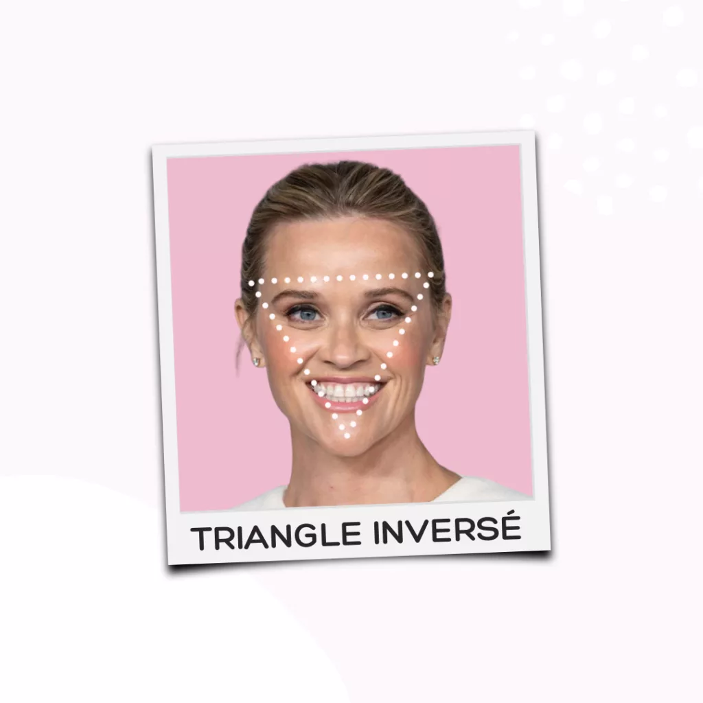 Un visage de femme avec des pointillés blancs marquant un triangle inversé, étiqueté "TRIANGLE INVERSÉ" sur un fond rose - une inspiration parfaite