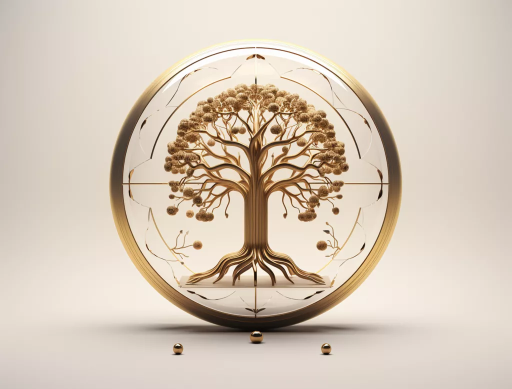 Médaille de vie circulaire en or et en verre représentant un arbre complexe, avec trois petites sphères dorées placées devant sur un fond neutre - un choix élégant pour le baptême d'un enfant.
