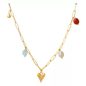 Collier Romy en acier inoxydable doré, décoré d'un pendentif cœur central et de quatre charms colorés bleu, rouge, blanc et doré.