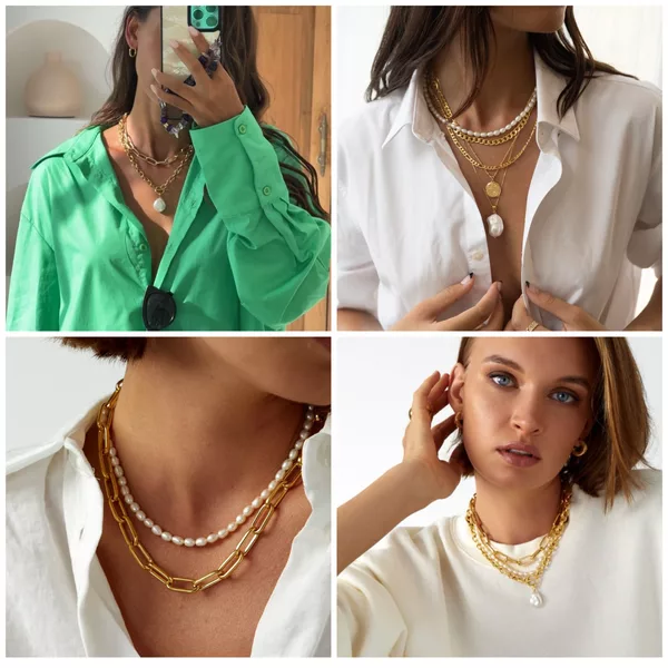 Quatre femmes présentent des styles incontournables avec des colliers en or superposés - pendentifs, perles et chaînes - parfaitement associés à des chemises boutonnées blanches ou vertes. Découvrez le collier tendance 2025 dans ces gros plans de bijoux chics.