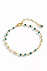 Bracelet EMA - perles vertes maille fine en acier inoxydable, avec perles vertes et fermoir ajustable à chaîne d'extension, présenté sur fond blanc.