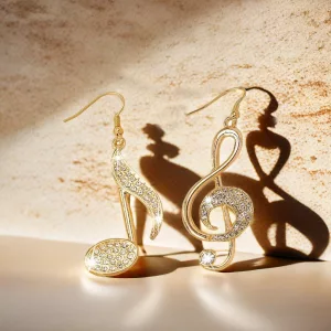 Une paire de boucles d'oreilles en or en forme de note de musique et de clé de sol, toutes deux ornées de petits strass transparents, posées sur une surface beige avec des ombres.