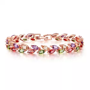 Bracelet feuille serti de cristaux colorés sur chaîne plaquée