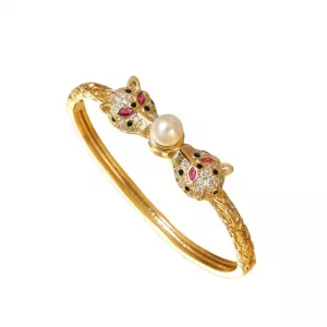 Bracelet manchette léopard doré avec chaîne et bague
