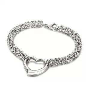 Bracelet maille byzantine argentée avec fermoir cœur en acier inoxydable