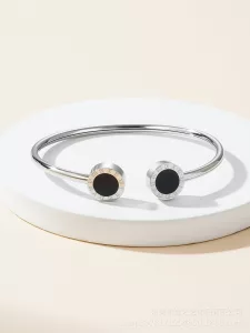 Bracelet jonc ouvert doré à cabochons nacre et onyx
