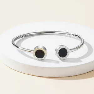 Bracelet jonc ouvert doré à cabochons nacre et onyx