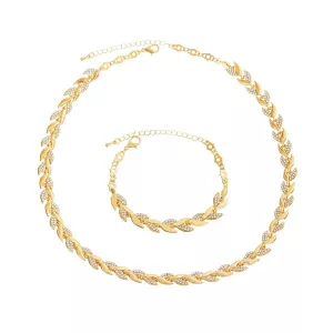 Parure collier et bracelet feuille sertie de strass, finition dorée