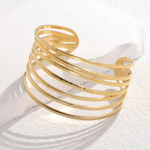 Bracelet manchette femme en acier inoxydable avec lignes géométriques