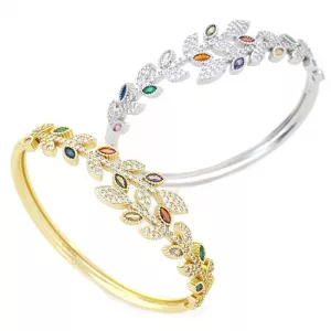 Bracelet feuille zircon coloré en laiton doré