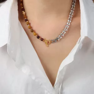 Collier pendentif pierre jaune ambré sur chaîne acier argenté