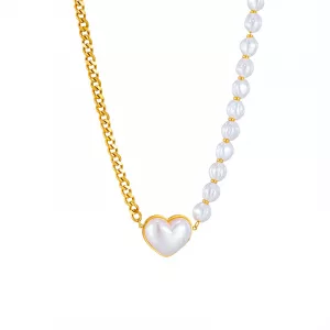 Collier ras de cou perle et cœur doré en acier inoxydable