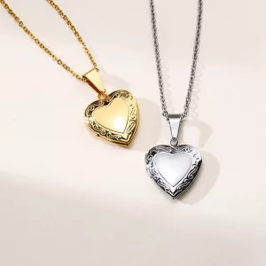Collier cœur médaillon photo en acier serti de zircons