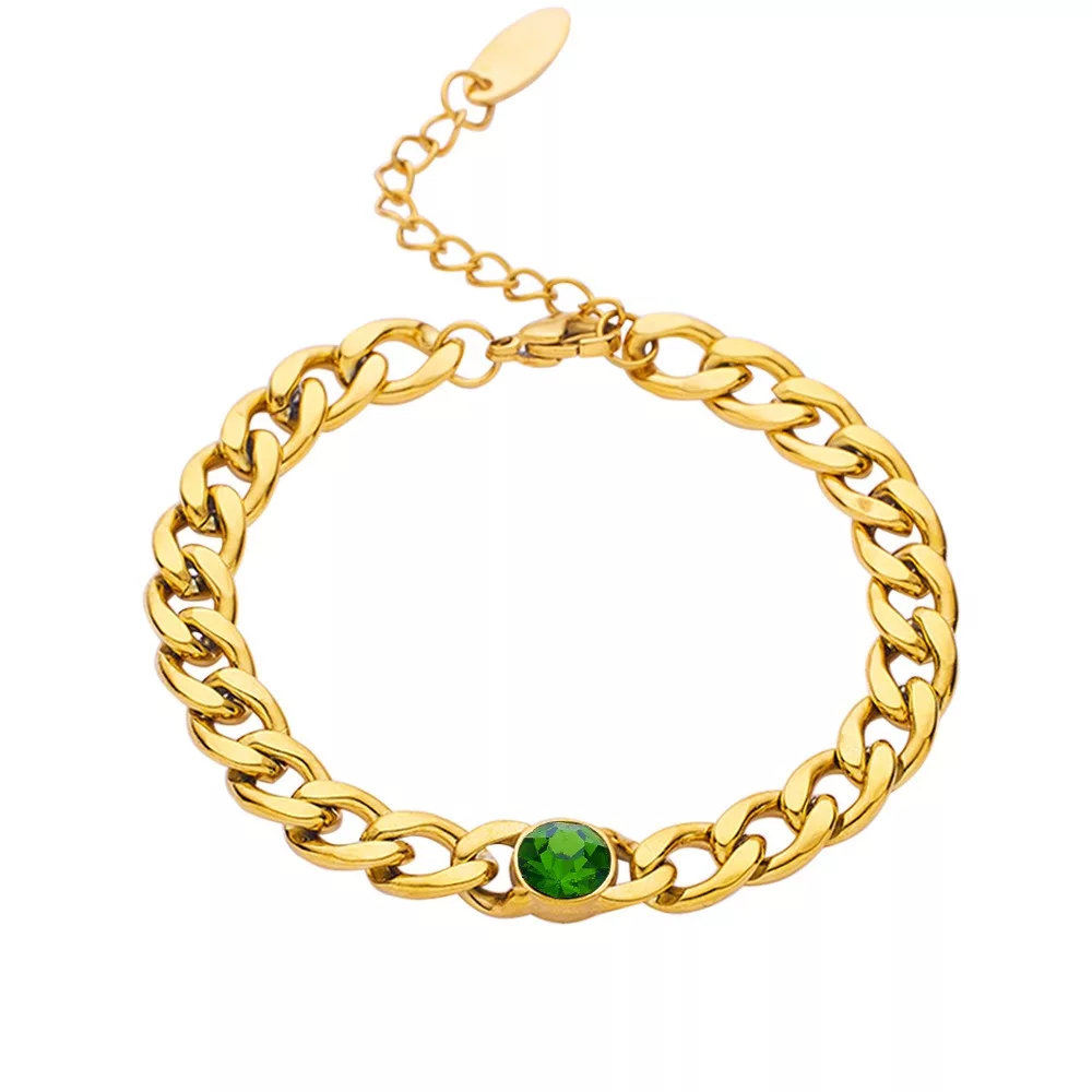 Bracelet à chaîne en or doté d'un fermoir réglable et orné d'une unique pierre précieuse verte ronde sertie au centre.