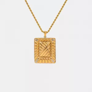 Collier pendentif géométrique rectangle strass plaqué or