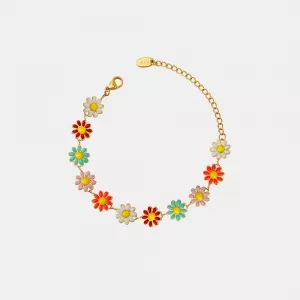 Bracelet fleur acier inoxydable doré avec émail coloré