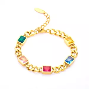Bracelet gourmette doré à gemmes multicolores
