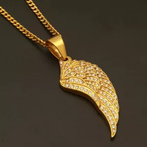 Collier plume en acier inoxydable doré pavé de strass