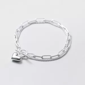 Bracelet double cœur en argent 925 avec deux chaînes superposées