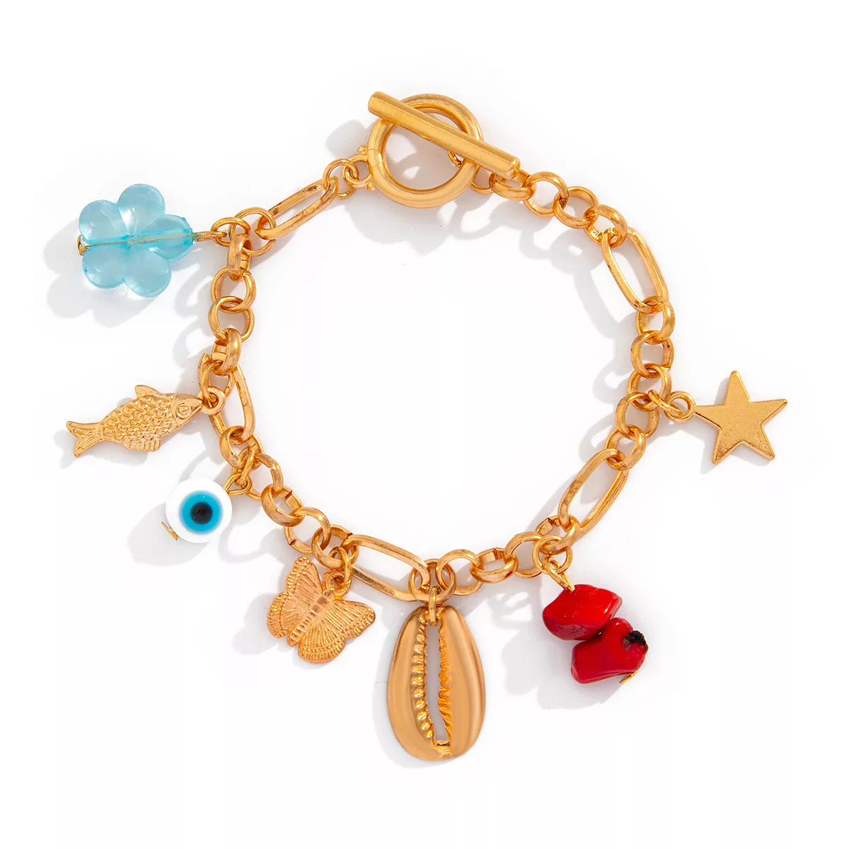 Bracelet cœur femme doré avec breloques coquillage et perles d'imitation