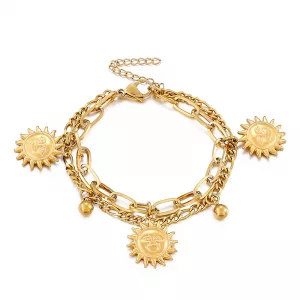 Bracelet acier inoxydable double chaîne avec pendentif soleil