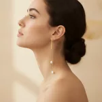 Boucles d'oreilles pendantes dorées portées cheveux attachés