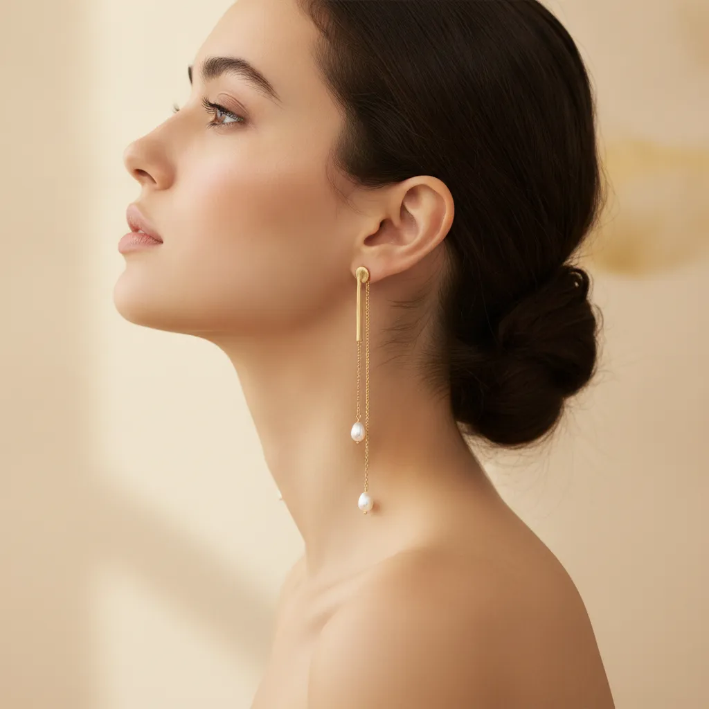 Boucles d'oreilles pendantes dorées portées cheveux attachés