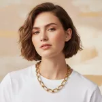 Collier grosse maille dorée portée sur tee-shirt blanc