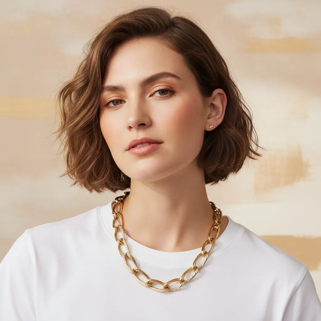 Collier grosse maille dorée portée sur tee-shirt blanc