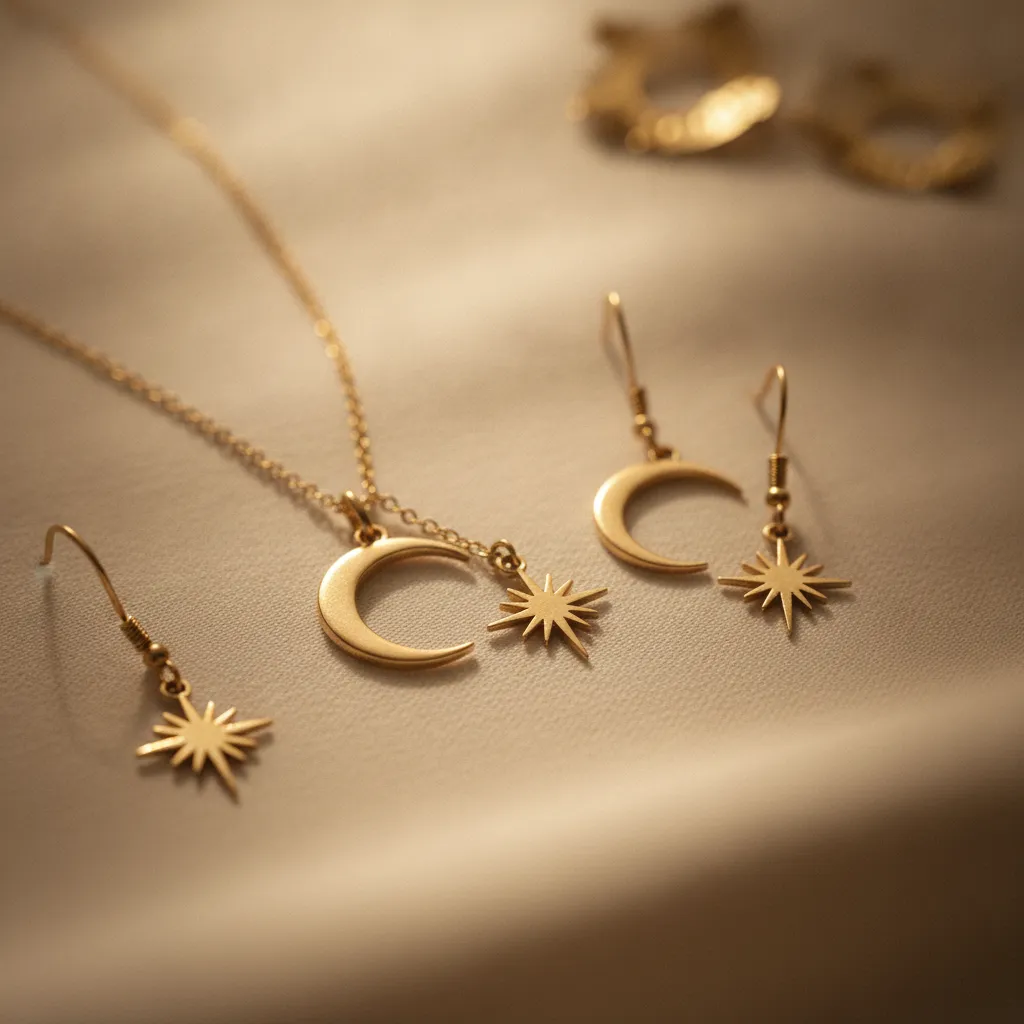 Bijoux lune et étoile dorés, symboles célestes