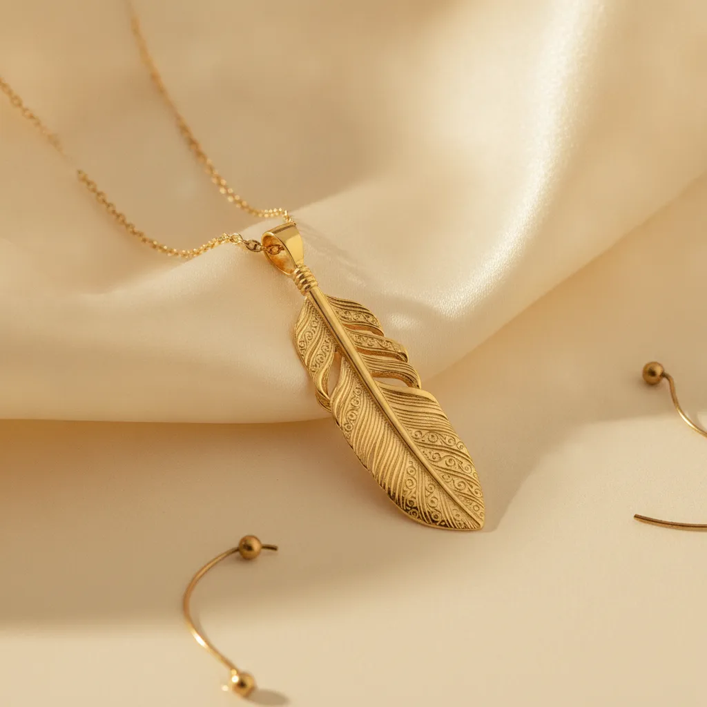 Collier plume dorée finement gravée, symbole de liberté