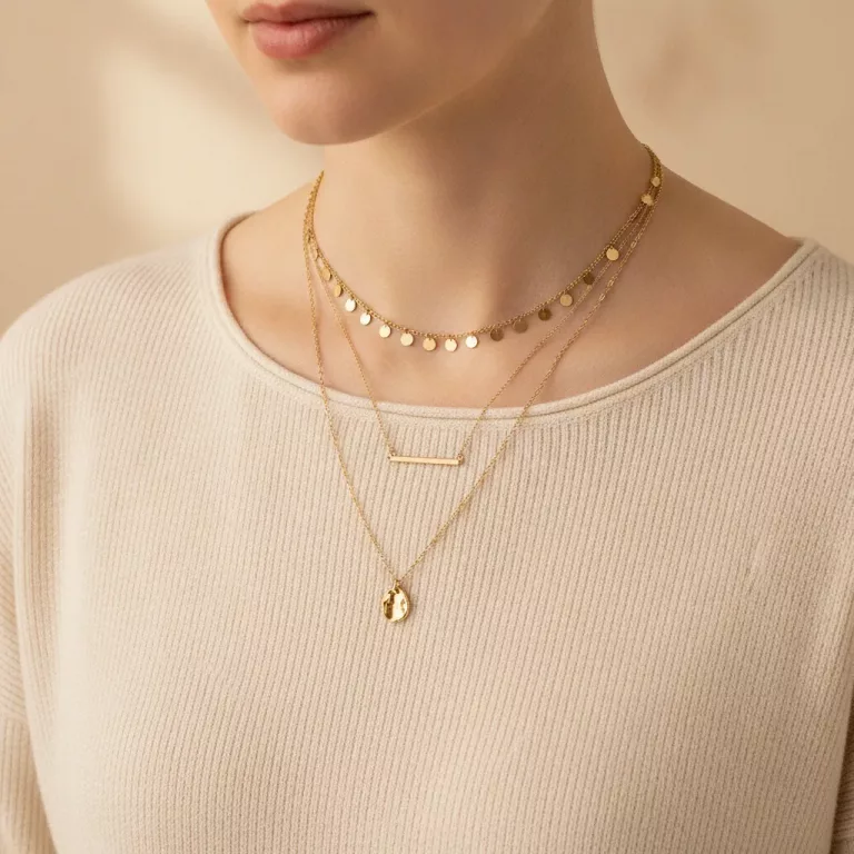 Collier multirang doré porté sur un haut crème