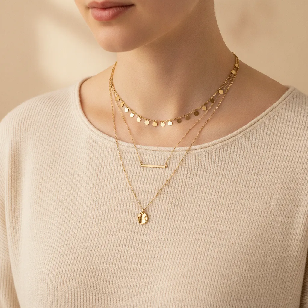 Collier multirang doré porté sur un haut crème