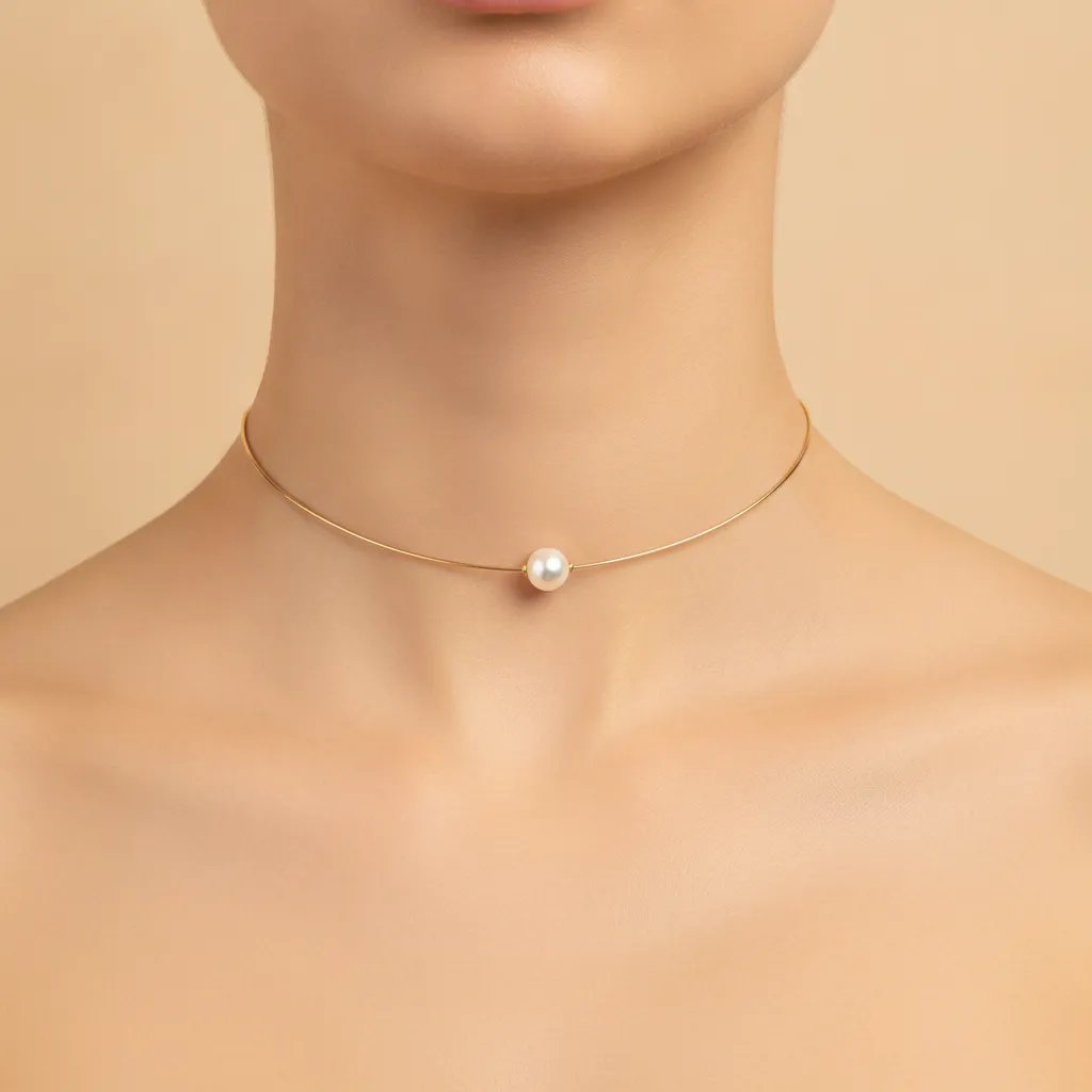 Collier ras de cou porté avec perle sur chaîne dorée