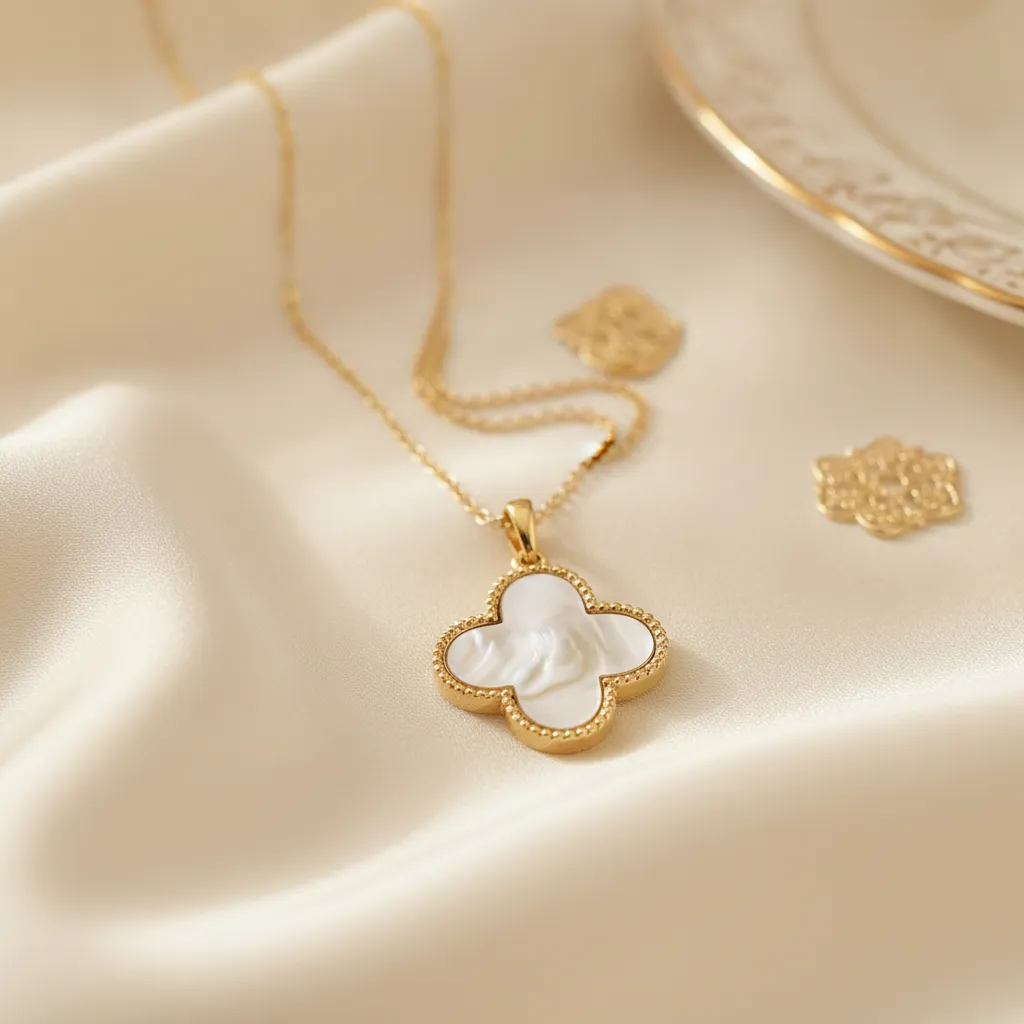 Collier trèfle doré et nacre, symbole de chance