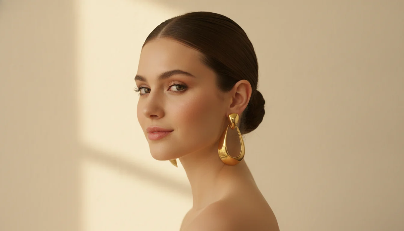 Portrait de profil trois quarts avec boucles d'oreilles dorees sculpturales