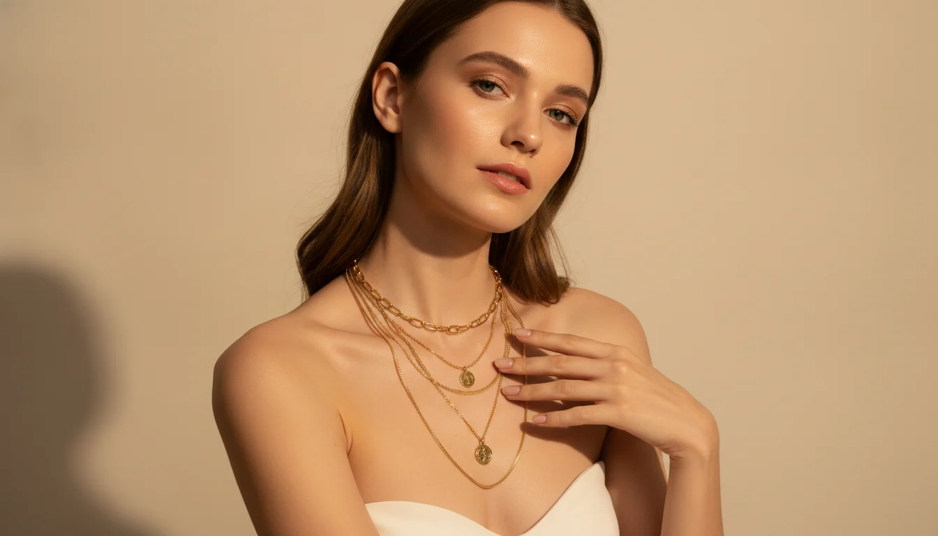 Jeune femme posant de trois quarts, colliers dores superposes en acier inoxydable