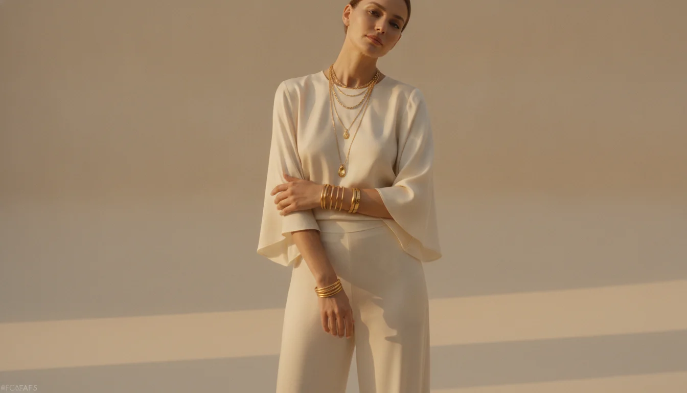 Femme en tenue creme portant colliers et bracelets dores superposes