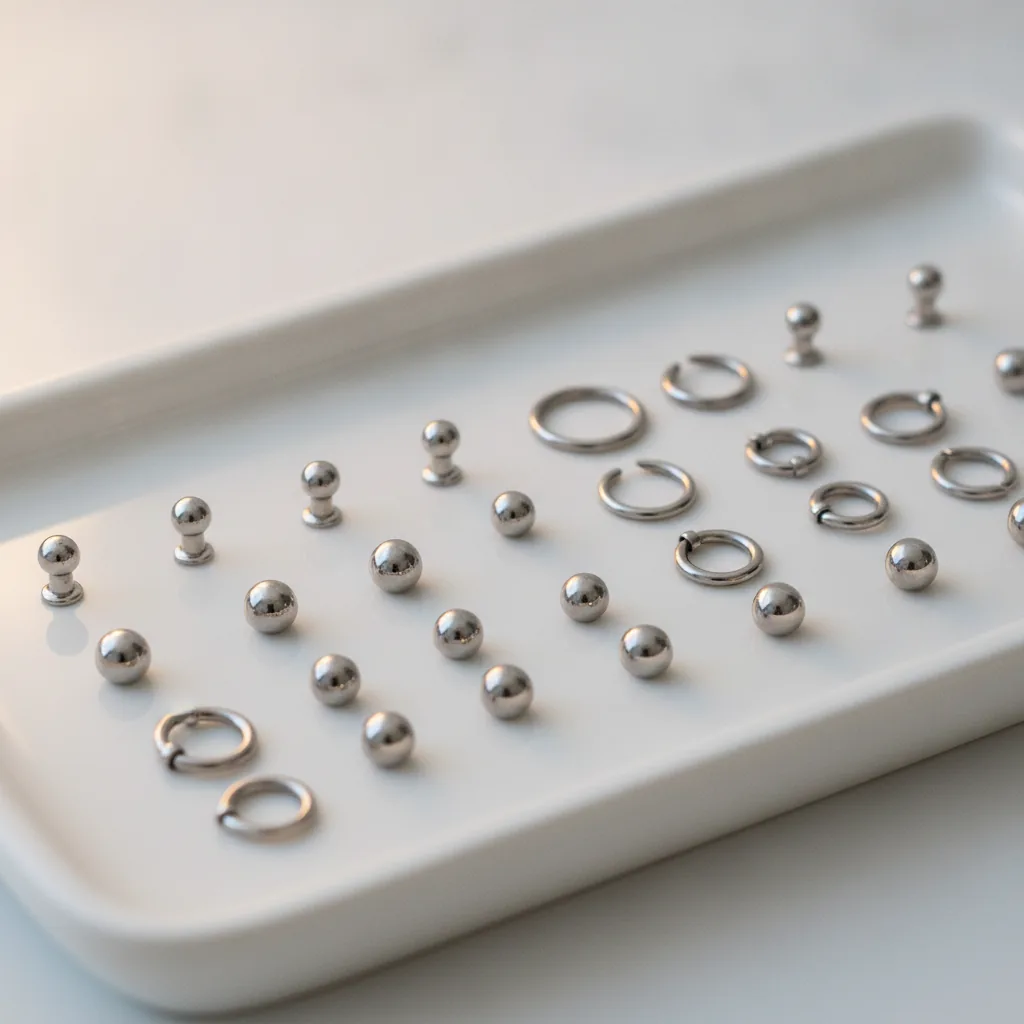 Piercings en acier inoxydable sur un plateau blanc