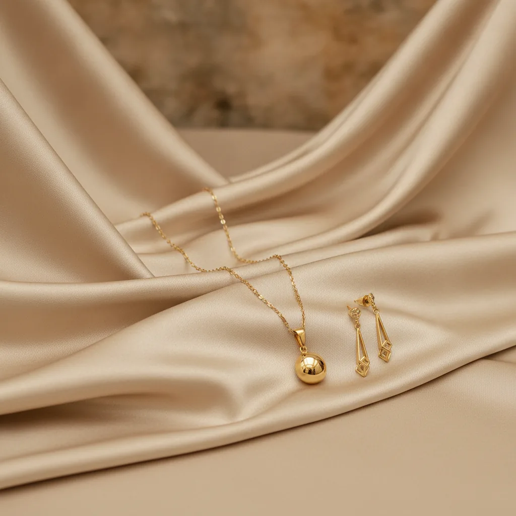Parure dorée en acier inoxydable sur satin champagne